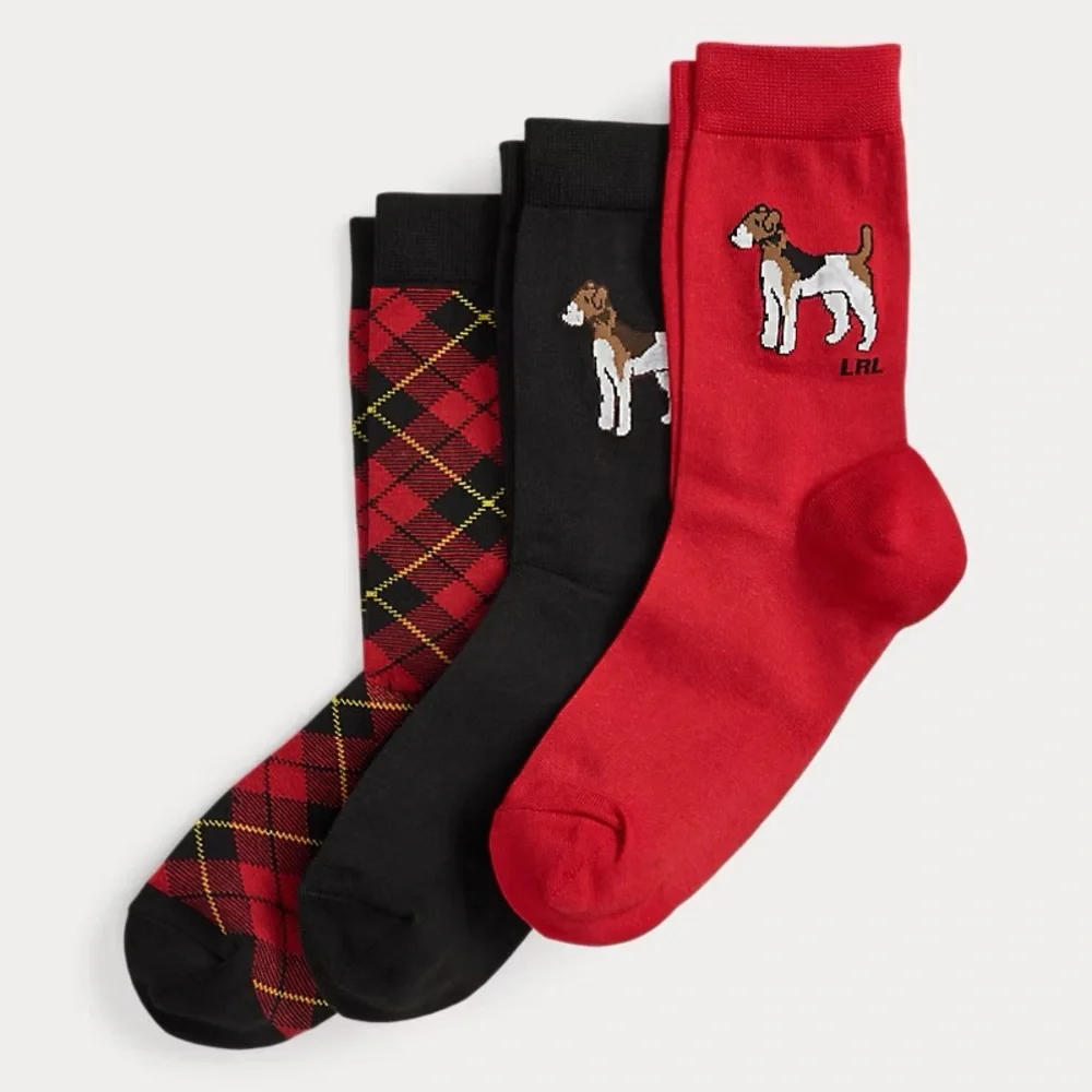 NEW LAUREN Ralph Lauren Foxhound and Plaid Crew Socks 3-Pack